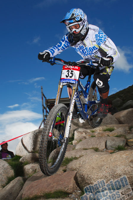 Mr. Kovarik work the Intense 951 FRO through a rock section in Fort William, Scotland.  Chris finished 14th overall -- not bad for the first race on a new bike!